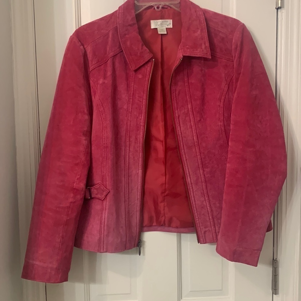 Pink Suede jacket PM 20” pit to pit 22” L EUC